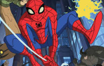 <b>Spectacular Spider-Man</b><br><br> Marvel dragged Spidey back to the small screen with this more child friendly outfit. The bright colours were back with a brand new logo along with a deluge of his cocky quips. (Credit: Marvel) <br><br><b>[Related video: <a href="http://uk.movies.yahoo.com/blogs/editors/exclusive-total-recall-trailer-083206999.html" data-ylk="slk:Watch the new ‘Total Recall’ trailer;elm:context_link;itc:0;sec:content-canvas;outcm:mb_qualified_link;_E:mb_qualified_link;ct:story;" class="link  yahoo-link">Watch the new ‘Total Recall’ trailer</a> ]</b>