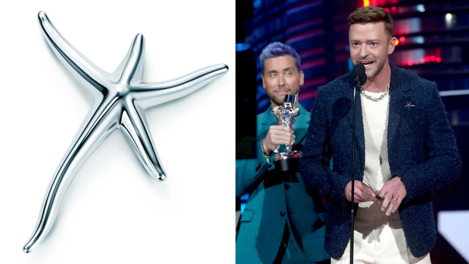 Left to right: Tiffany's Elsa Peretti Starfish brooch; Justin Timberlake on stage wearing the piece