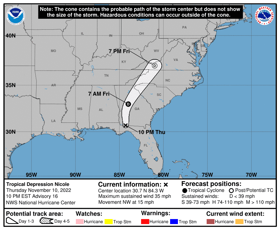 This graphic shows an approximate representation of coastal areas under a hurricane warning (red), hurricane watch (pink), tropical storm warning (blue) and tropical storm watch (yellow). The orange circle indicates the current position of the center of the tropical cyclone. The black line, when selected, and dots show the National Hurricane Center (NHC) forecast track of the center at the times indicated. The dot indicating the forecast center location will be black if the cyclone is forecast to be tropical and will be white with a black outline if the cyclone is forecast to be extratropical.