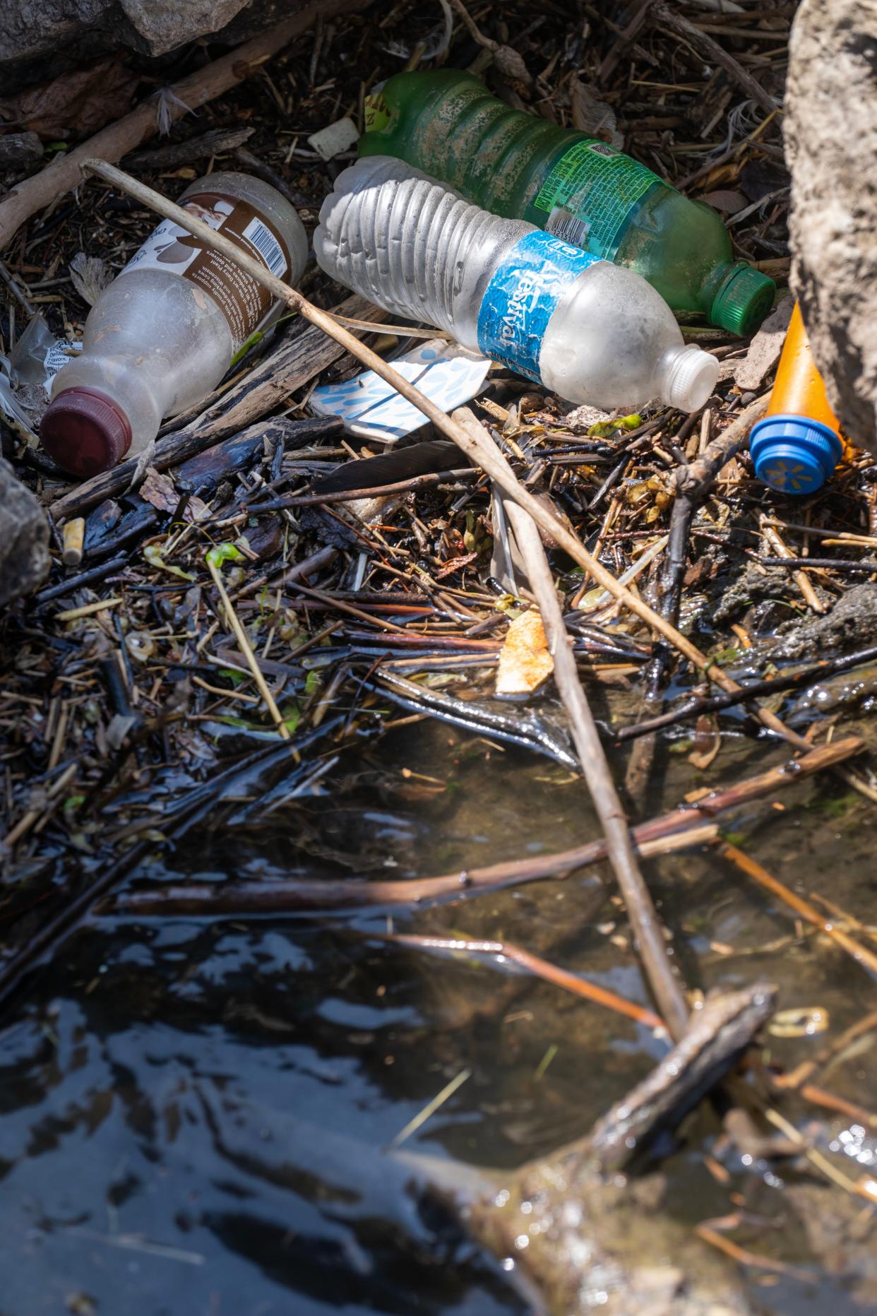 Discarded plastic bottles are shown on the shoreline of the Manitowoc River just upstream from Lake Michigan in Manitowoc, Wis.