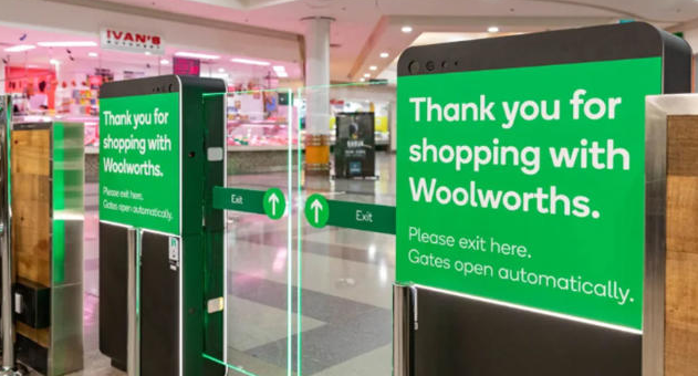 These gates are stationed at Woolworths' Fairfield store in Sydney and will also be trialled at five other locations in the coming months. Source: Woolworths
