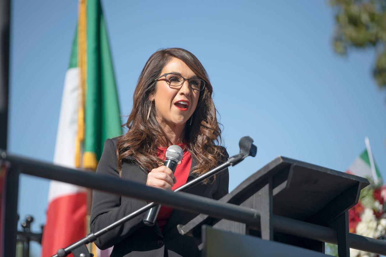 Rep. Lauren Boebert, R-Colo., speaks to a crowd gathered at the Christopher Columbus Piazza on Abriendo Avenue during the Columbus Day event on in October 2021 in Pueblo.