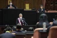 Czech Senate President Milos Vystrcil delivers a speech at the main chamber of the Legislative Yuan in Taipei