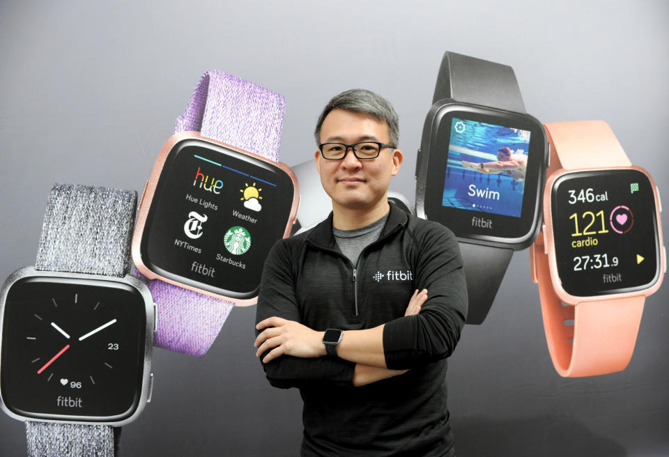 Fitbit CEO James Park unveils Fitbit's second smartwatch, Fitbit Versa, and first-ever device for kids, Fitbit Ace, along with the Fitbit family account and female health tracking at its launch event in New York, Monday, March 12, 2018. The newest devices and features from Fitbit support the company's vision of making the world healthier, while reaching more people in unique ways to continue to help them achieve their health and fitness goals. (Diane Bondareff/AP Images for Fitbit)