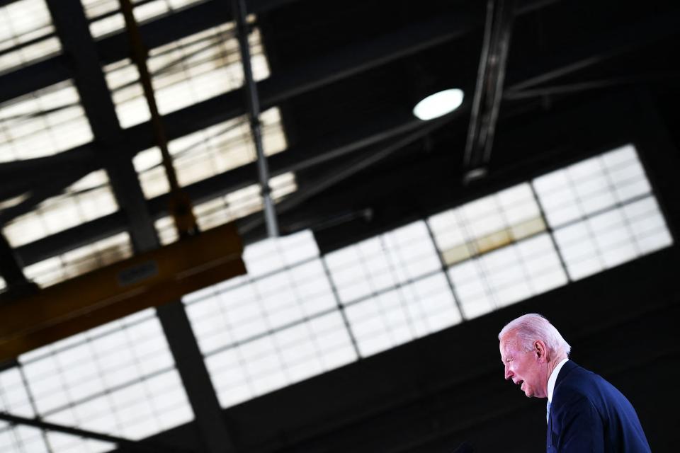 US President Joe Biden speaks on the infrastructure investments made at Portland International Airport, at the Portland Air National Guard 142 Fighter Base in Portland, Oregon, on April 21, 2022. (Photo by MANDEL NGAN / AFP) (Photo by MANDEL NGAN/AFP via Getty Images)