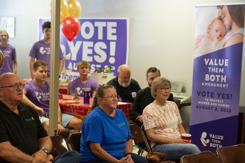 Anti-abortion advocates listen in to a presentation from the so-called Value Them Both group on June 7 at Topeka headquarters.