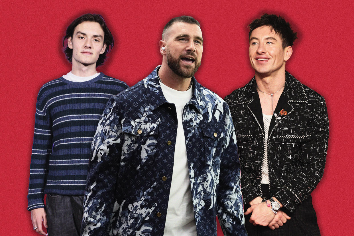 Louis Partridge, Travis Kelce and Barry Keoghan have all been spotted at their respective pop star girlfriends' tours. (Photo illustration: Yahoo News; photos: Lia Toby/Getty Images, Martin Meissner/AP, Amy Sussman/Getty Images)
