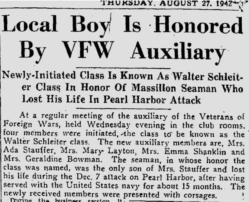 A newspaper clipping from the Evening Independent in 1942 notes that the Veterans of Foreign Wars honored Walter Schleiter who died in the attack on Pearl Harbor.