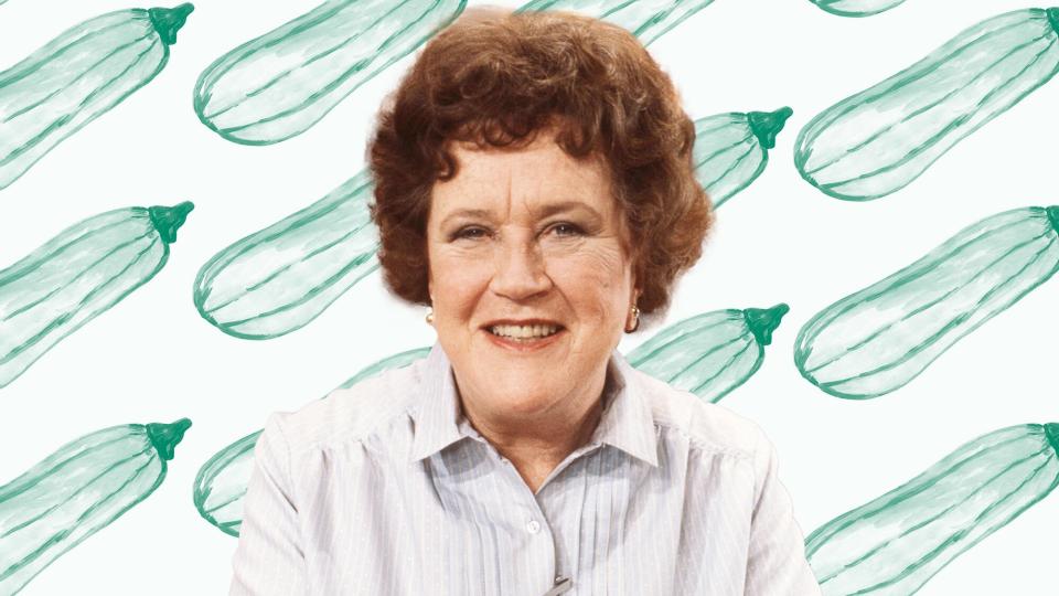 Julia Child on a designed background of zucchinis