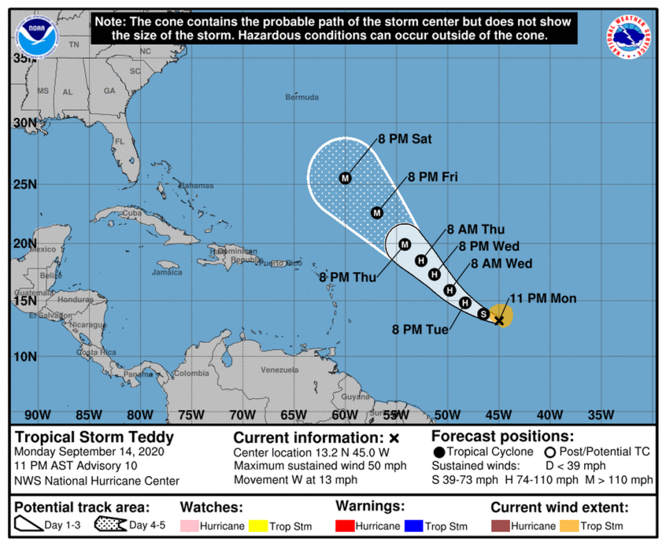 Tropical Storm Teddy could strengthen into a hurricane as soon as Tuesday.