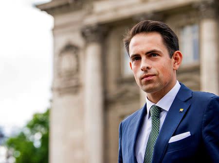 Tom Van Grieken, President of the far-right Flemish separatist party Vlaams Belang leaves after a meeting with Belgium's King Philippe at the Royal Palace in Brussels, Belgium May 29, 2019. REUTERS/Piroschka van de Wouw