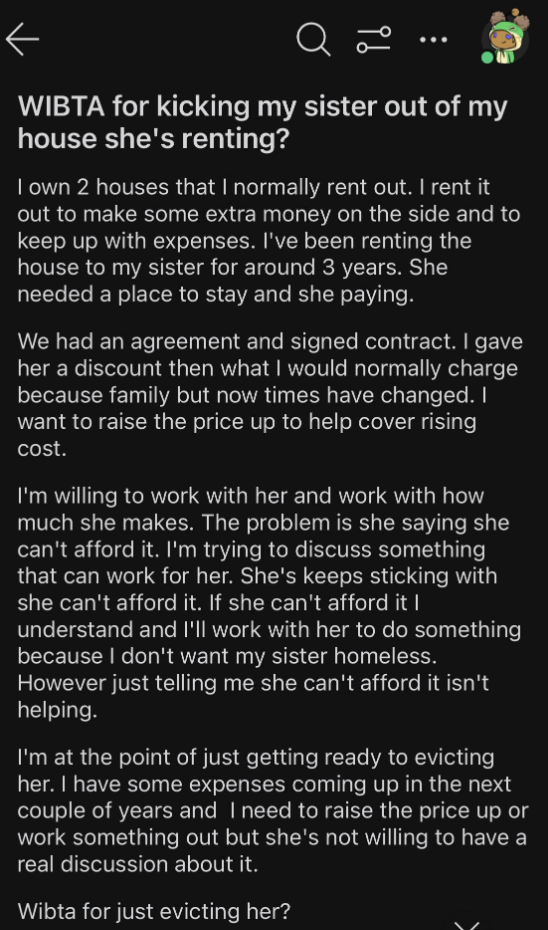 Text from an online forum discussing a moral dilemma about raising rent for the user's sister due to increased expenses