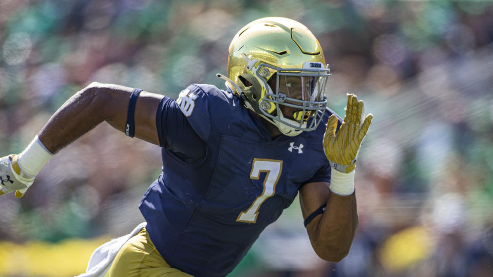 FILE - Notre Dame defensive lineman Isaiah Foskey (7) during an NCAA football game against Purdue on Saturday, Sept.18, 2021, in South Bend, Ind. First-year Notre Dame football coach Marcus Freeman knows success in the 2022 season will depend on how strong the Fighting Irish will be on the offensive and defensive lines. (AP Photo/Robert Franklin, File)