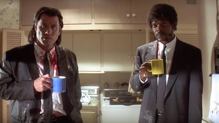 John Travolta and Sam Jackson star in Pulp Fiction, directed by Quentin Tarantino.