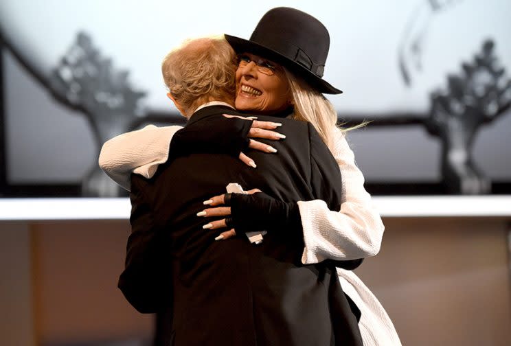 Woody Allen and Diane Keaton hug at the AFI event. (Photo: Michael Kovac/Getty Images for AFI)