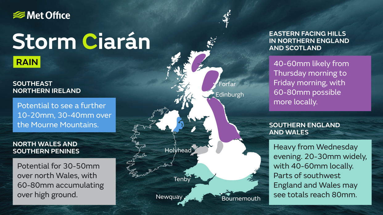 Rain forecast on Thursday as Storm Ciaran arrives (Met Office)