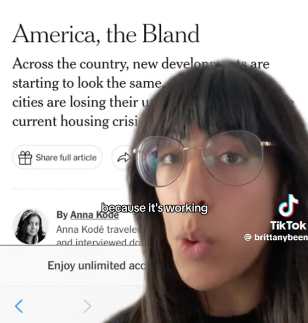 Brittany is talking about an article called "America, bland" text says "because it's working"