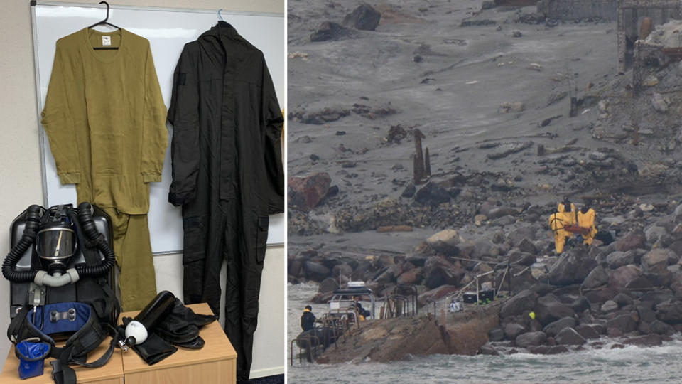 Pictured on the left is some of the protective clothing worn by the New Zealand rescue crew. On the right is a rescue team on White Island.
