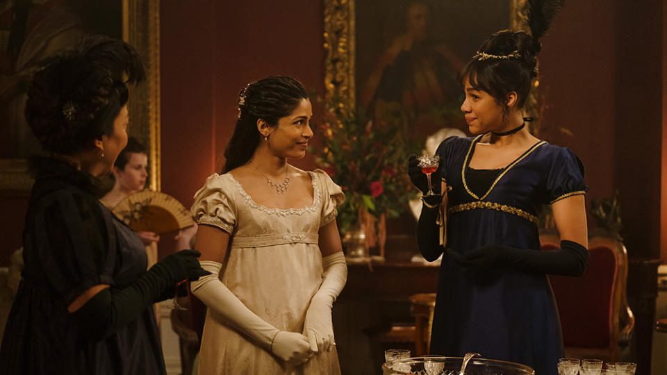 From left: Naoko Mori, Freida Pinto and Zawe Ashton in ‘Mr. Malcolm’s List’ - Credit: Ross Ferguson / Bleecker Street