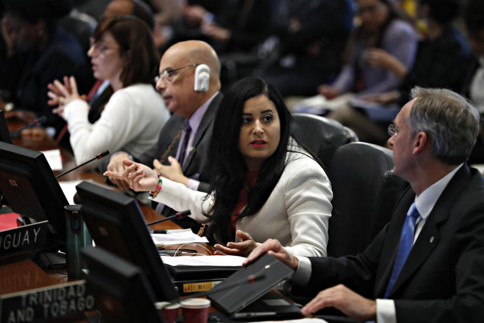 Asbina Marin, First Secretary and Alternate Representative of Venezuela to the Organization of American States (OAS), center, turns toward Hugo Cayrus Ambassador and Permanent Representative of Uruguay to the OAS, Tuesday April 9, 2019, as the OAS Permanent Council holds an extraordinary session on Venezuela at OAS headquarters in Washington. (AP Photo/Jacquelyn Martin)