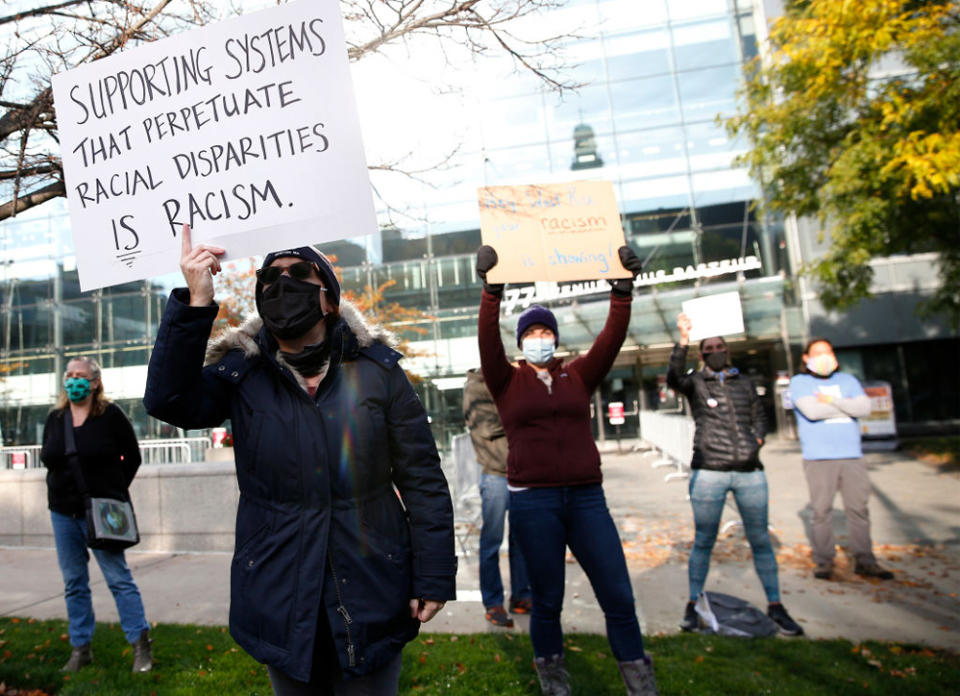 Parents demonstrated in 2020 in support of the Boston school district’s changes to exam school admissions. (Getty Images)