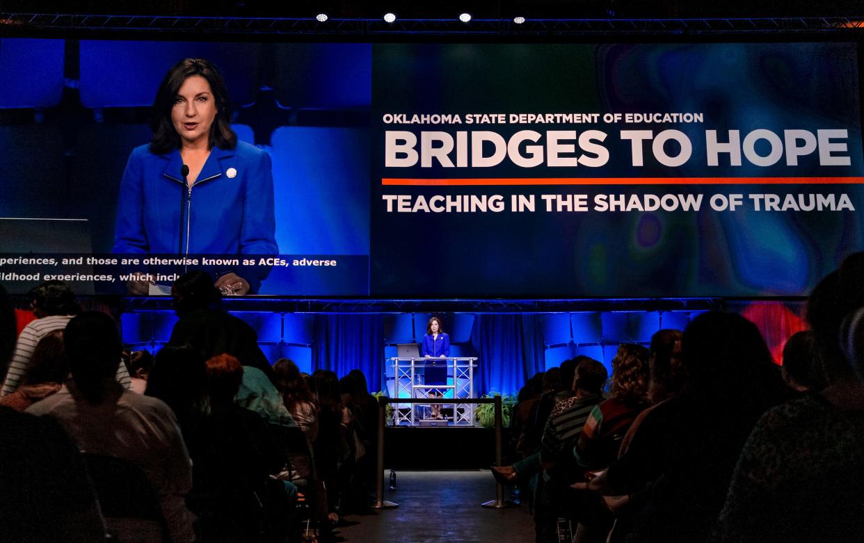 Oklahoma State Superintendent of Public Instruction Joy Hofmeister speaks during the Oklahoma State Department of Education's third-annual trauma summit at the Cox Convention Center in Oklahoma City, Okla. on Monday, Feb. 17, 2020.