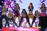 Kpop group "Girls Generation" performs for the crowd during the "Dream Kpop Fantasy Concert" held at the Mall of Asia grounds in Pasay city, south of Manila on 19 January 2013.