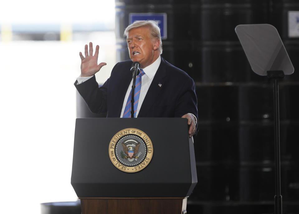 President Donald Trump speaks during a visit to a Double Eagle Energy drilling rig site in Midland, Texas on Wednesday, July 29, 2020. (Eli Hartman/Odessa American via AP)