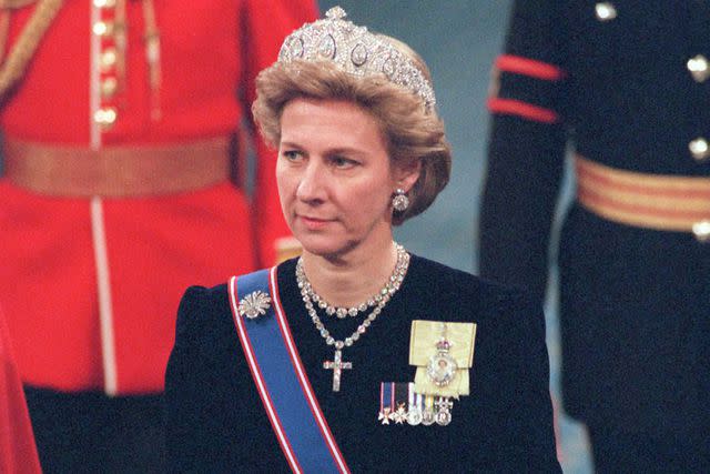 <p>Tim Graham Photo Library via Getty</p> Birgitte, Duchess of Gloucester, wears the Cartier Indian Tiara.