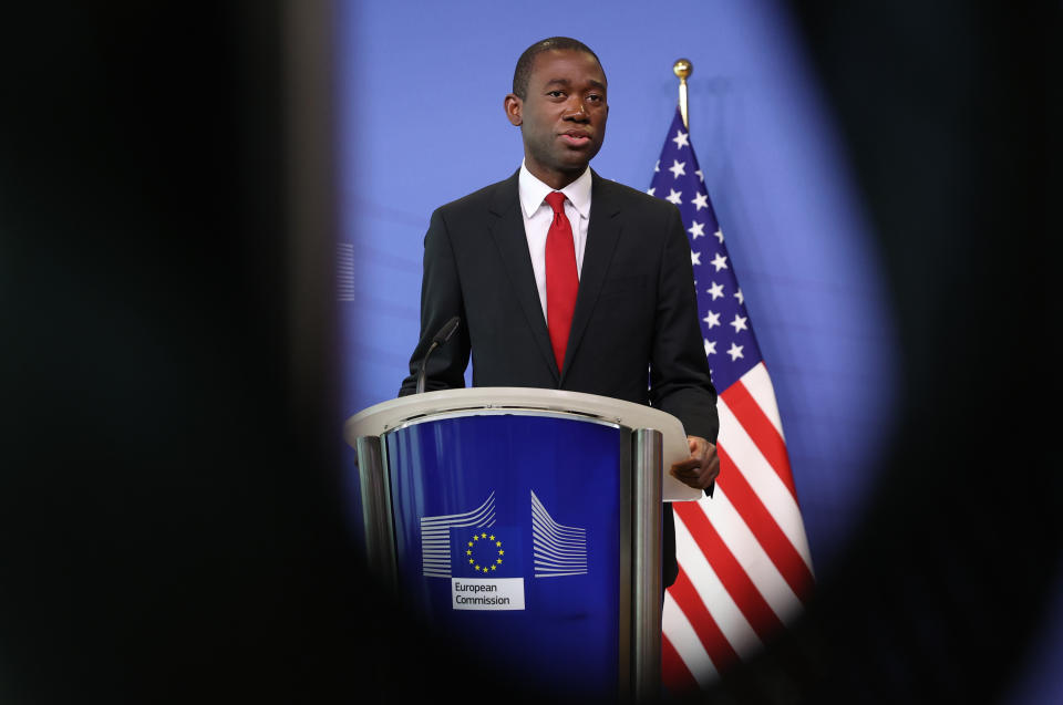 BRUSSELS, BELGIUM - MARCH 29: US Deputy Treasury Secretary Wally Adeyemo and EU Commissioner in charge of financial services, financial stability and the Capital Markets Union, Mairead McGuinness (not seen) hold a joint news conference in Brussels, Belgium on March 29, 2022. (Photo by Dursun Aydemir/Anadolu Agency via Getty Images)