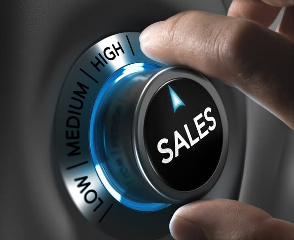 Man turning dial labeled "sales" to "high."