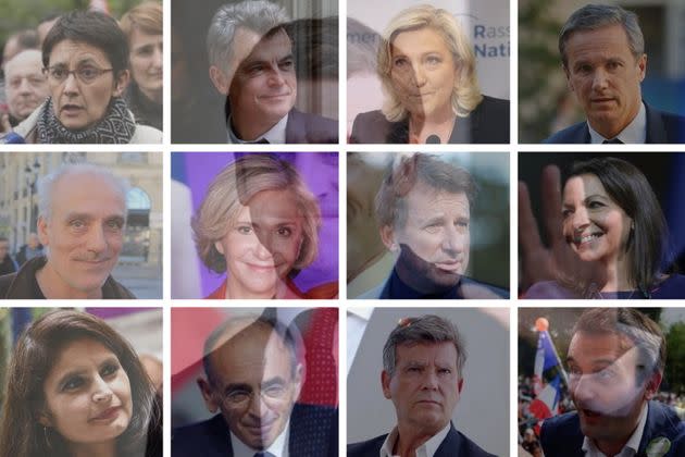 Toujours pas candidat à sa succession, Emmanuel Macron a plus d'une vingtaine de candidats déclarés face à lui. (Photo: montage Le HuffPost)