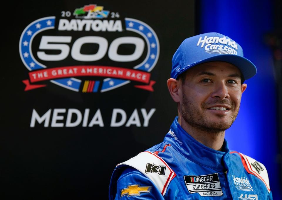 Kyle Larson answers questions from the media during Media Day at Daytona International Speedway, Wednesday, Feb. 14, 2024.