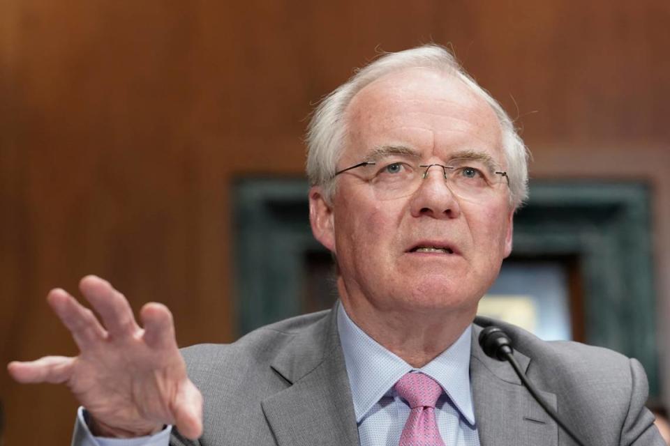 Kroger CEO William Rodney McMullen speaks during a Senate Judiciary Subcommittee on Competition Policy, Antitrust, and Consumer Rights hearing on the proposed Kroger-Albertsons grocery store merger, at the Capitol in Washington, Tuesday, Nov. 29, 2022. (AP Photo/Mariam Zuhaib)