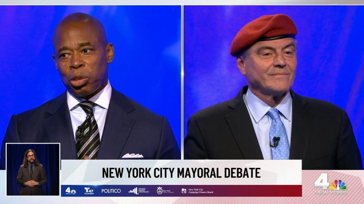 (L-R) Brooklyn Borough President and Democratic Mayoral Candidtate and Republican Mayoral Candidate Curtis Sliwa participate in a New York City Mayoral debate on WNBC Channel 4 in New York on October 20, 2021.