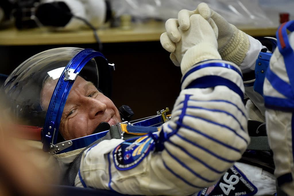 <p>Astronaut Tim Peake in his space suit prior to blasting off to the International Space Station in 2015</p> (AFP via Getty Images)