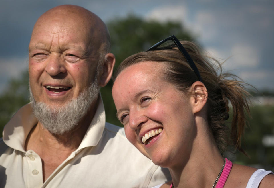 GLASTONBURY, ENGLAND - JUNE 24:  Glastonbury Festival founder Michael Eavis and his daughter Emily attend a photocall at Worthy Farm in Pilton on the eve of the first day of the 2014 Glastonbury Festival on June 24, 2014 in Glastonbury, England. Gates opened today at the Somerset dairy farm that plays host to one of the largest music festivals in the world. Tickets to the event, which is now in its 44th year, sold out in minutes even before any of the headline acts had been confirmed. The festival, which started in 1970 when several hundred hippies paid £1, now attracts more than 175,000 people.  (Photo by Matt Cardy/Getty Images)