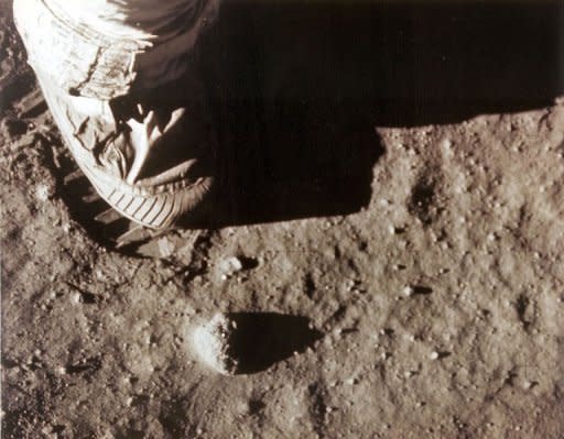 In this photo from NASA, Apollo 11 commander Neil Armstrong's right foot leaves a footprint in the lunar soil July 20, 1969 as he and Edwin "Buzz" Aldrin became the first men to set foot on the surface of the moon