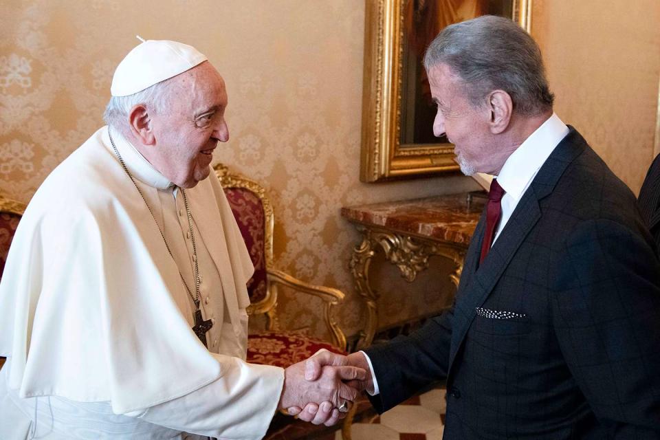 <p>Vatican Media via Vatican Pool/Getty</p> Pope Francis meets with Sylvester Stallone at the Apostolic Palace on Sept. 8, 2023, in Vatican City