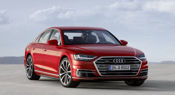 A red 2018 Audi A8, a big luxury sedan