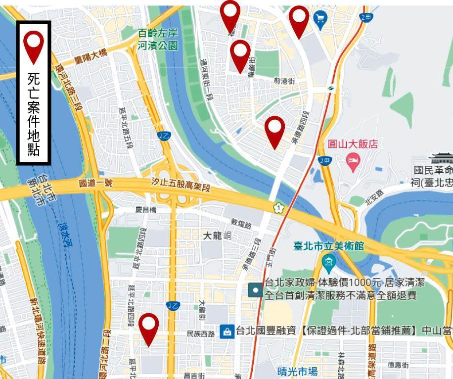 禹建忠犯案的地點包括台北市士林及大同區，共造成5名婦人死亡。（翻攝Google Maps）