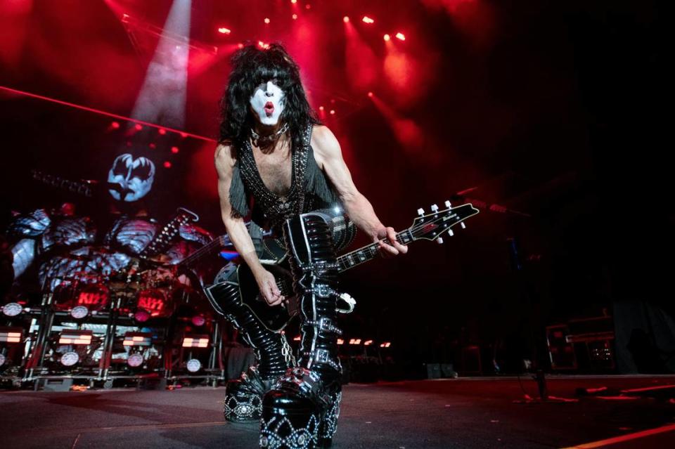 Paul Stanley plays guitar between his legs as KISS brings the End of the Road World Tour to Raleigh, N.C.’s Coastal Credit Union Music Park at Walnut Creek, Tuesday night, May 17, 2022.