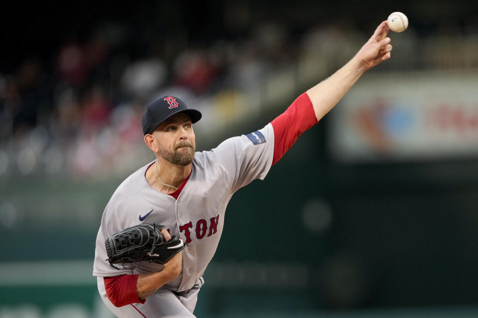 Boston Red Sox starting pitcher James Paxton throws during the first inning of the team's baseball game against the Boston Red Sox at Nationals Park, Wednesday, Aug. 16, 2023, in Washington. (AP Photo/Andrew Harnik)