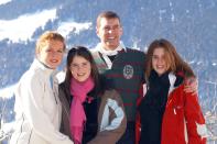 Fergie, Princess Eugenie, Prince Andrew and Princess Beatrice pose for a group photo during a 2003 ski trip in Switzerland.