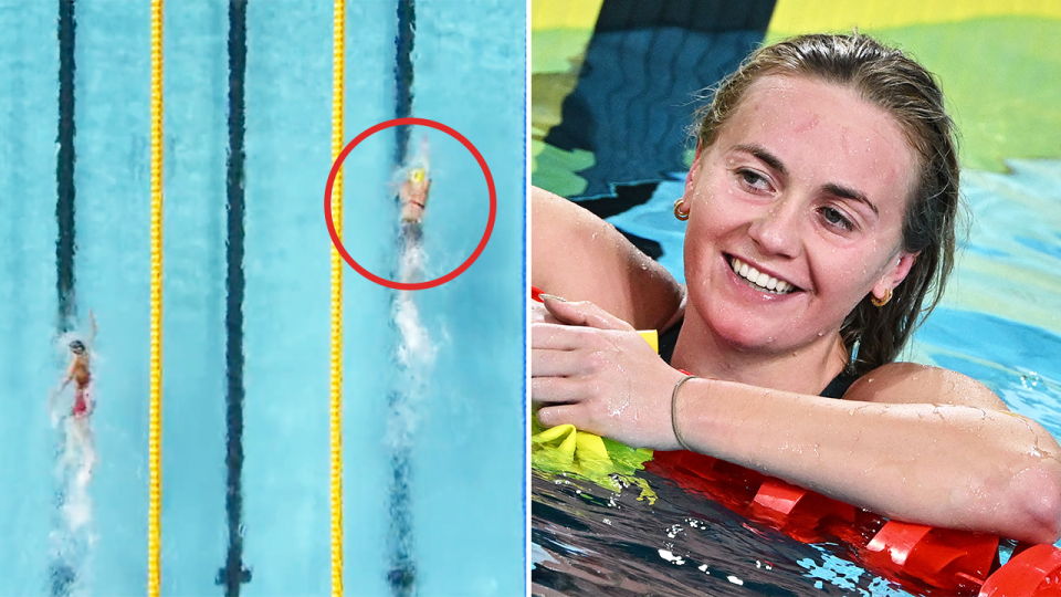 Ariarne Titmus (pictured right) smiling after winning gold and (pictured left) Titmus winning the 400m freestyle race at the Commonwealth Games.