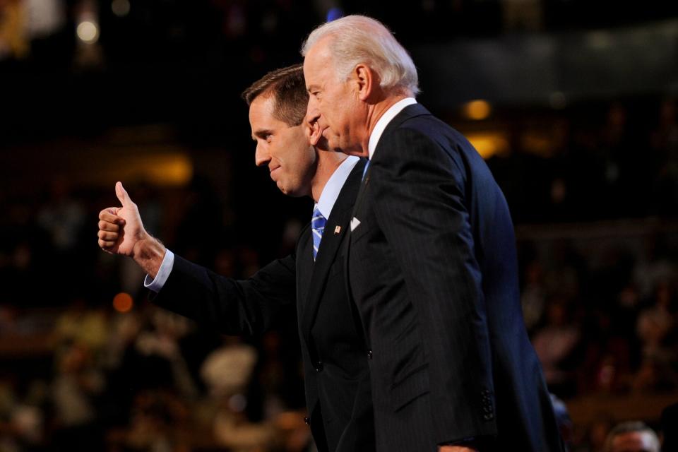 Beau Biden welcomes his dad Joe Biden at the Pepsi Center during the third day of the Democratic National Convention on Wednesday, August 27, 2008 in Denver, Colo.