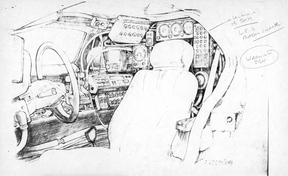 Early design of rear interior of DeLorean.