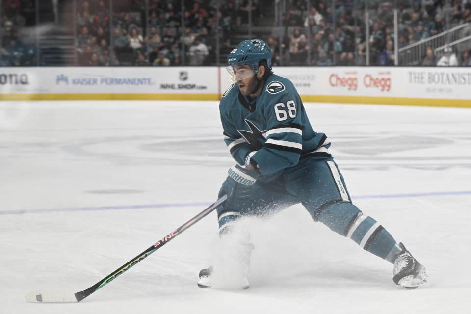 San Jose Sharks center Mike Hoffman skates across the ice during the third period of the team's NHL hockey game against the Anaheim Ducks, Saturday, Jan. 20, 2024, in San Jose, Calif. (AP Photo/Nic Coury)