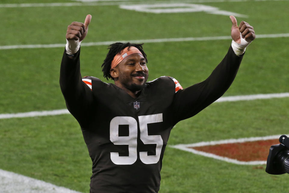 Cleveland Browns defensive end Myles Garrett celebrates after the Browns defeated the Cincinnati Bengals 35-30 in an NFL football game Thursday, Sept. 17, 2020, in Cleveland. (AP Photo/Ron Schwane)