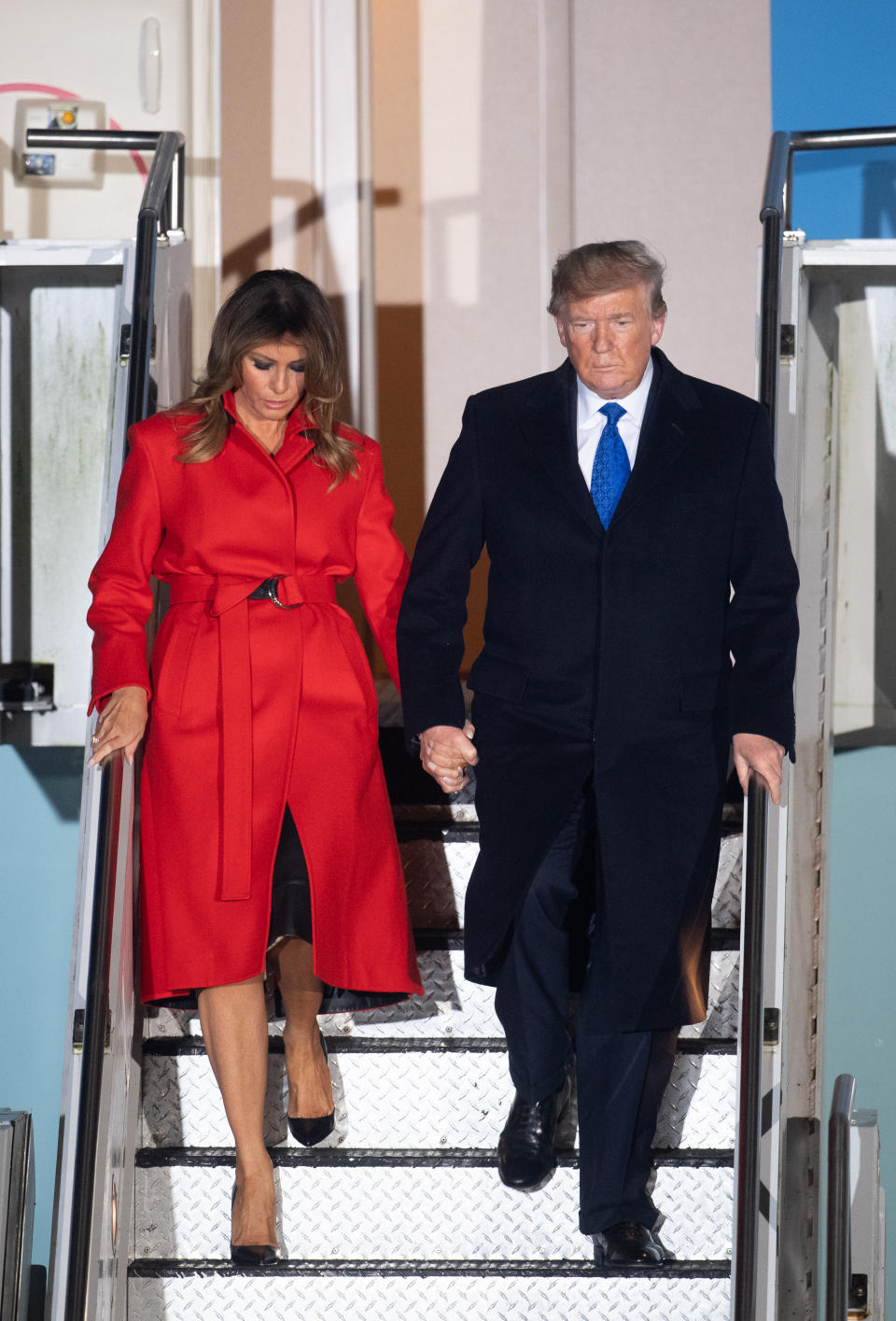 US President Donald Trump and his wife Melania, arrive at Stansted Airport, London, ahead of the NATO summit, on the first day of his visit to the United Kingdom.